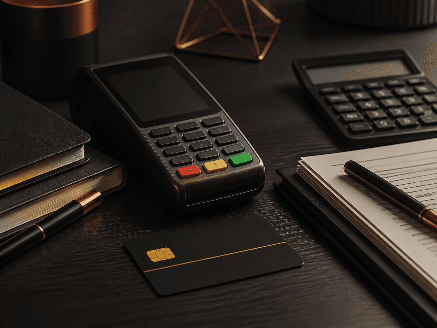 Terminal de pagamento, cartão e documentos representando relações bancárias e de consumo