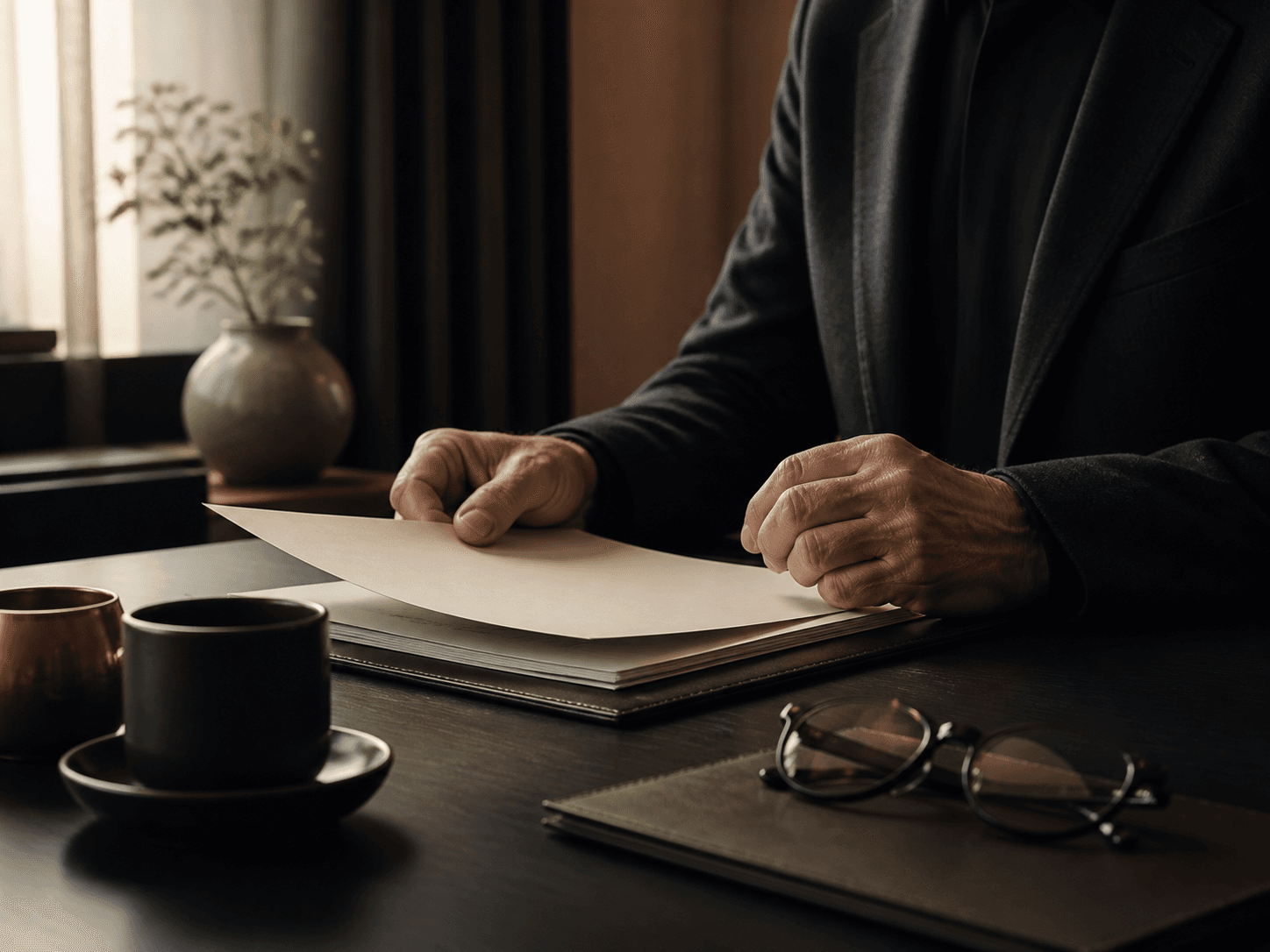 Pessoa idosa analisando documentos em ambiente de atendimento