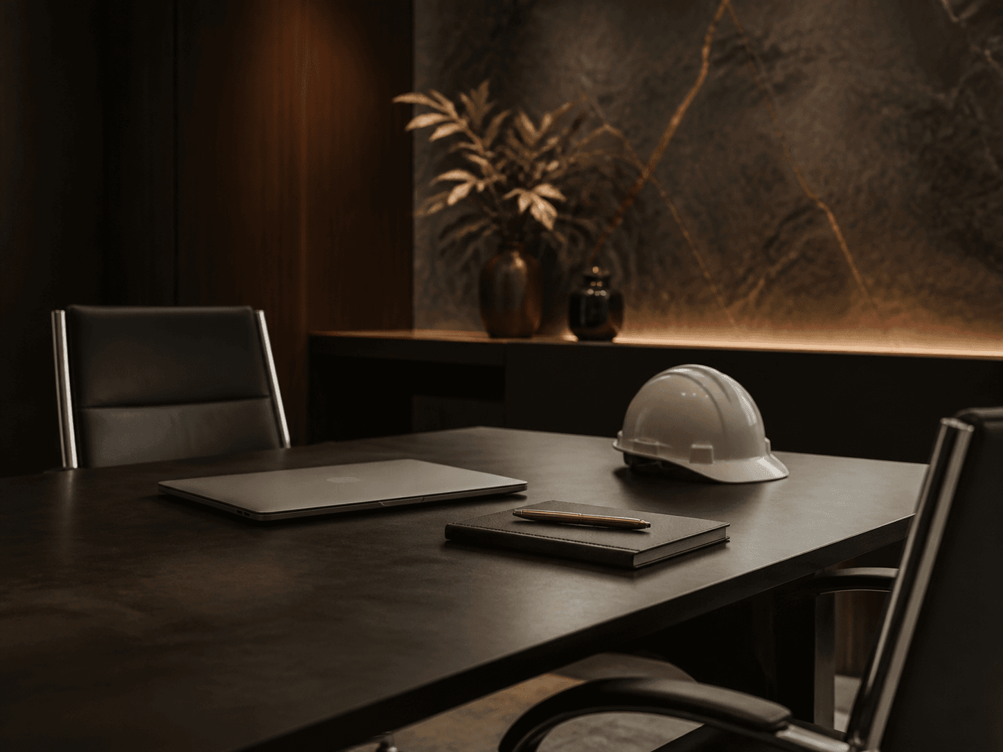 Mesa de reunião com capacete e computador representando relações de trabalho