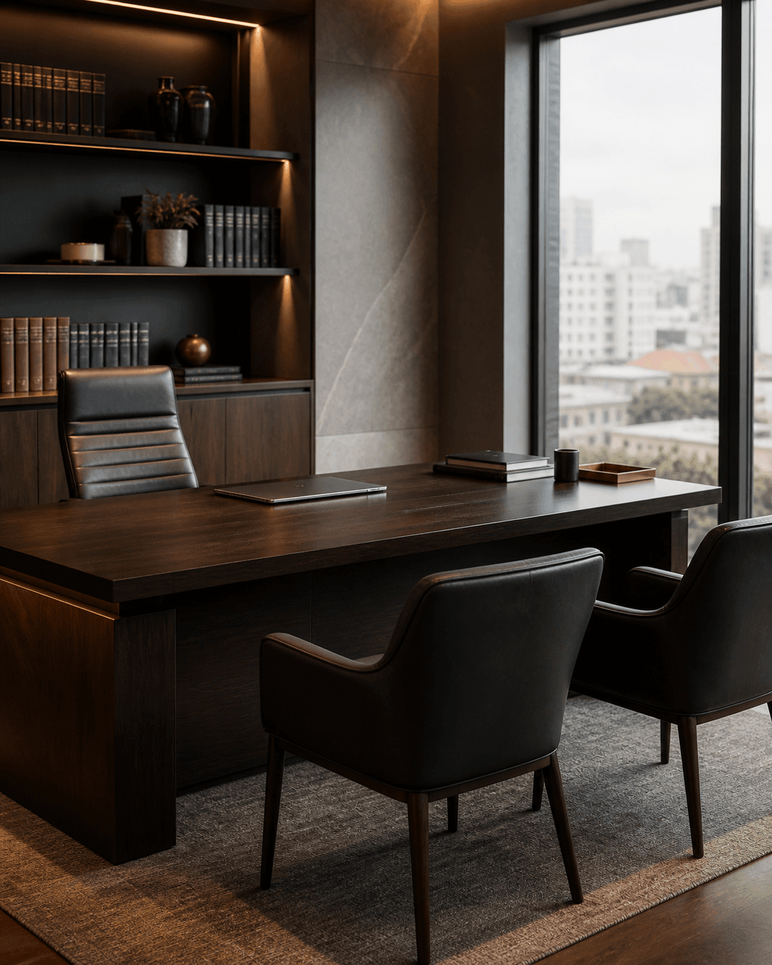 Ambiente contemporâneo de escritório com mesa, cadeiras e janela